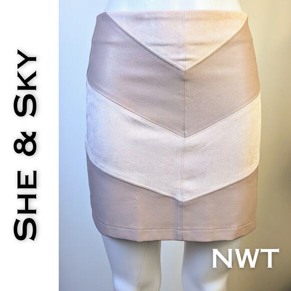 NEW She & Sky Miniskirt Dusty Pink Stripe Colorblock Faux Suede & Leather Small - Picture 1 of 6